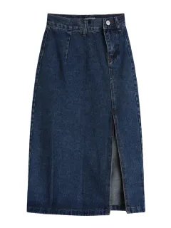 Mid Length High Waist Slim Fit Hip Wrap Skirt Autumn - Blue - View 1