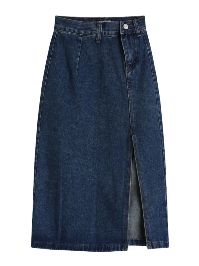 Mid Length High Waist Slim Fit Hip Wrap Skirt Autumn Blue - Shop at LoveMi