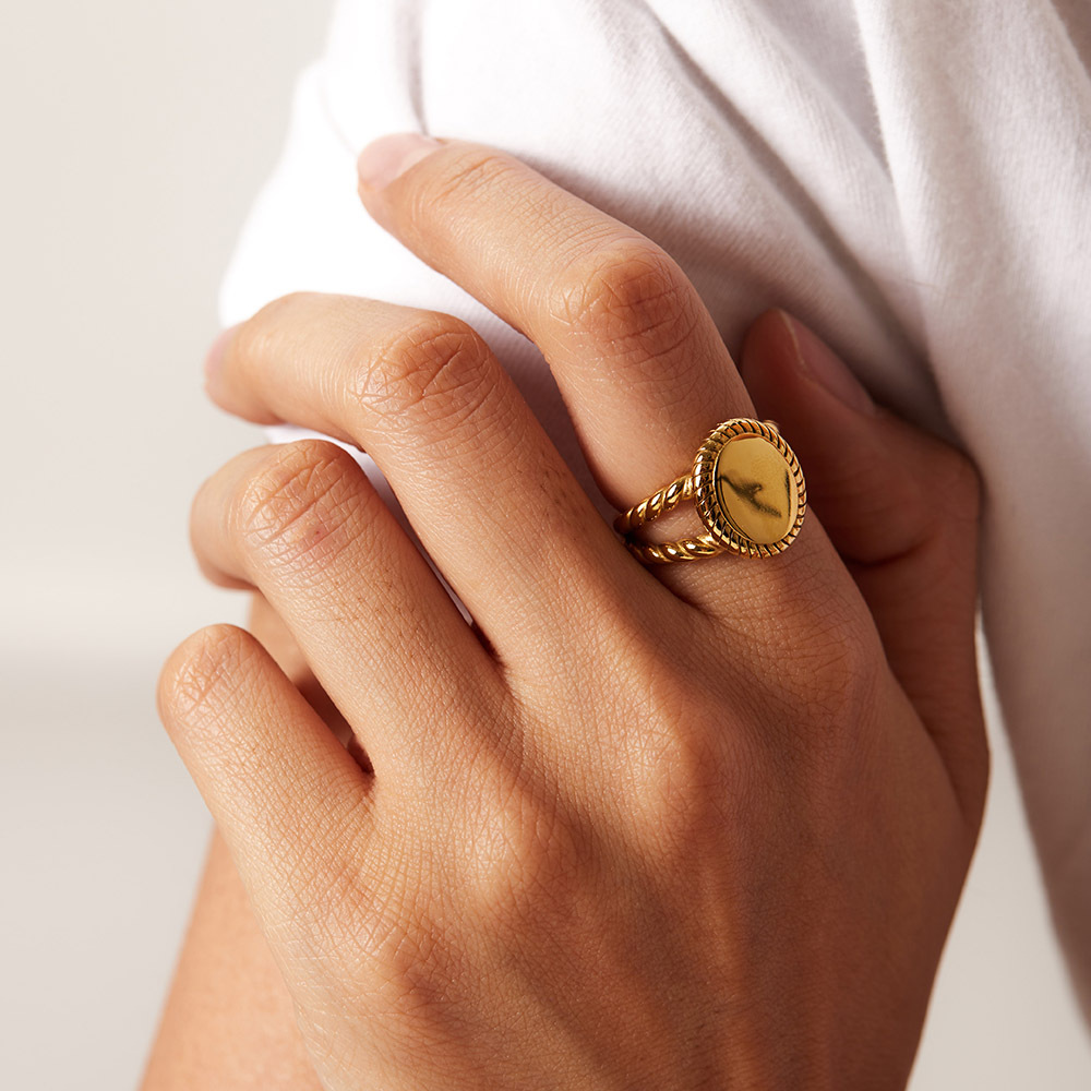 Titanium Steel Ring Oval Glossy 18K Gold Plated