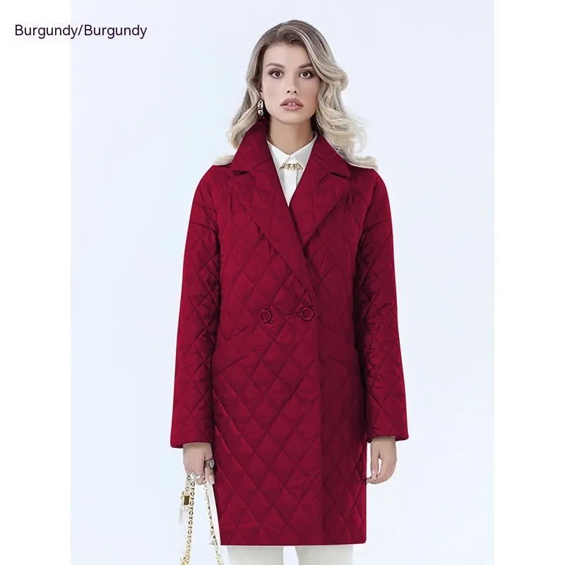 Women's Lace-up Lapel Long-sleeved Plaid Long Winter Top - Wine
