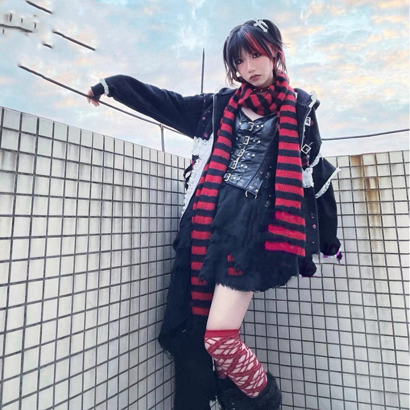 Harajuku Punk Fashion Grey Red Black Striped Scarf