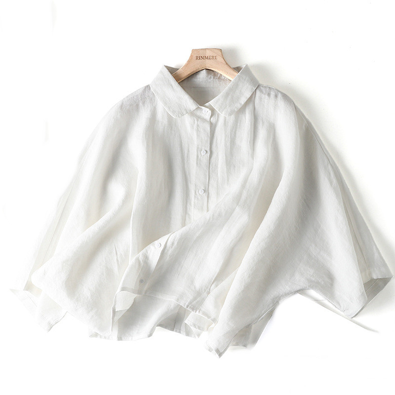 Off Shoulder Short Sleeve Shirt Lapel Casual Literature White - Shop at LoveMi