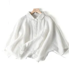 Off Shoulder Short Sleeve Shirt Lapel Casual Literature - White - View 1
