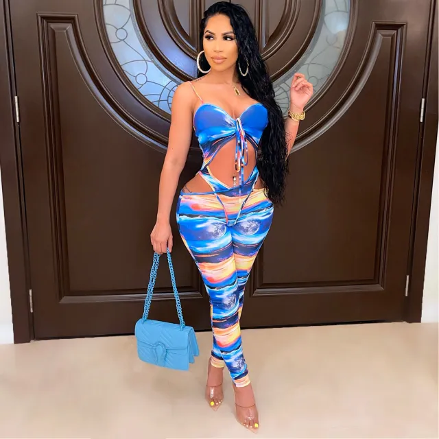 Women's Fashion Milk Silk Print Cutout Jumpsuit Blue - Shop at LoveMi