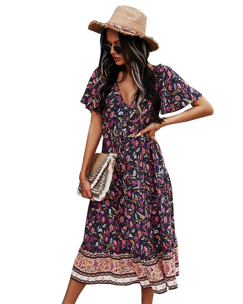 Fashion V-neck Short Sleeve Printed Dress