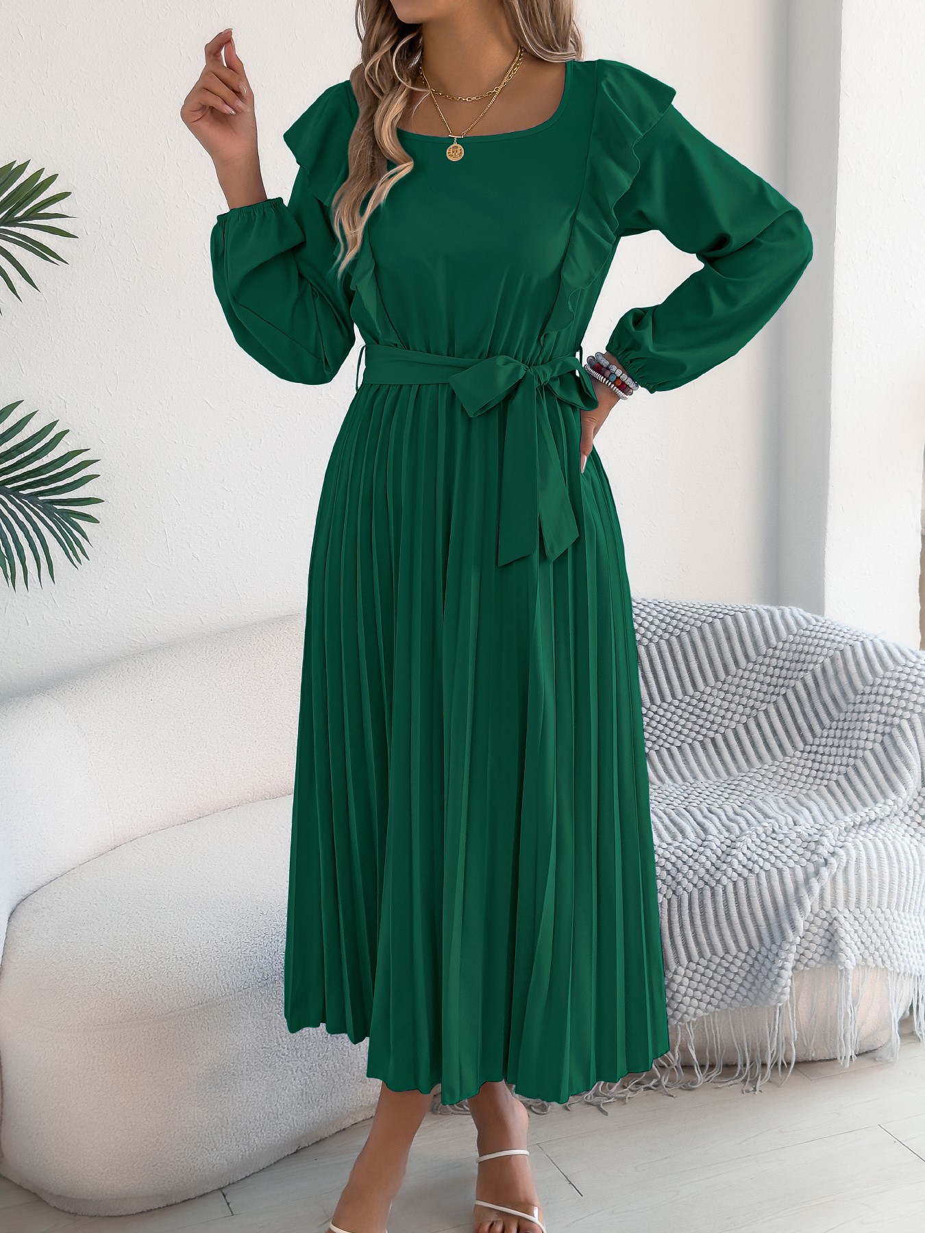 Women's Elegant Ruffle Trim Square Neck Long Sleeve Tie Waist Pleated Dress