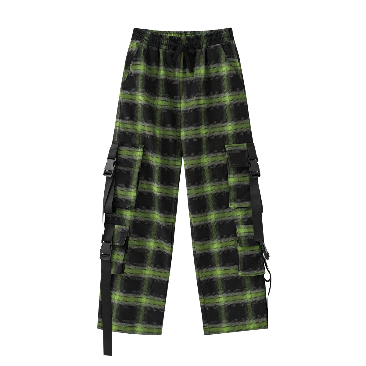 Title 7, Multi Pocket Plaid Buckle Strap Wide Leg Pants,...