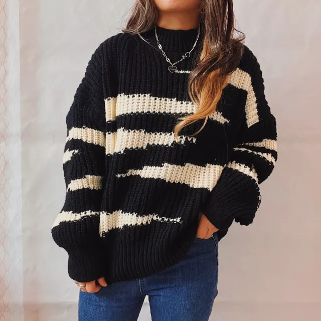 Round Neck Long Sleeve Irregular Stripe Contrast Sweater Pullover Black - Shop at LoveMi