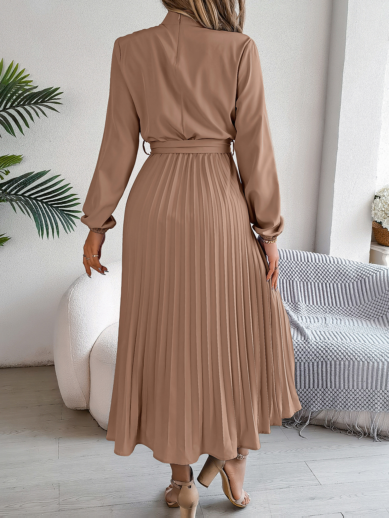 Women’s Elegant Stand Collar Long Sleeve Tie Waist Pleated Maxi Evening Dress