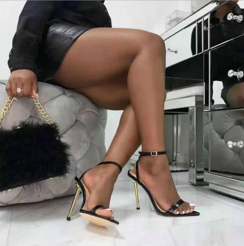 New Metal Electroplated Stiletto Point Toe Cross Lace Roman Shoes Black - Shop at LoveMi