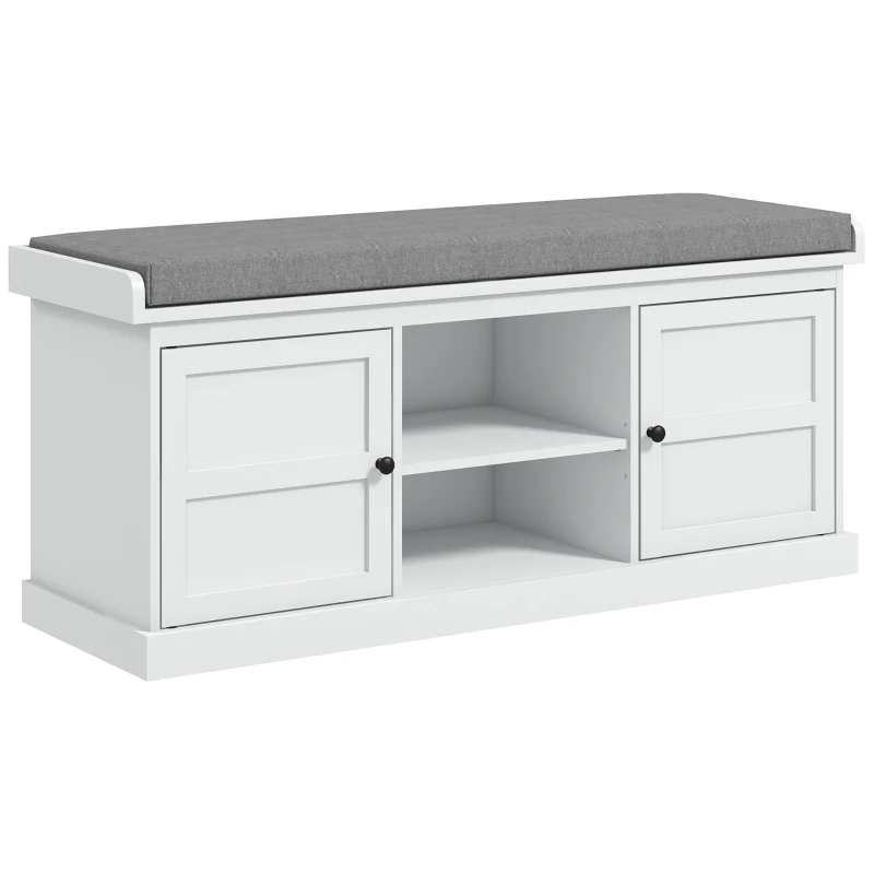 Shoe Storage Bench With Cushioned Seat, Entryway Bench Seat With 2 Cabinets And Adjustable Shelf For Hallway, White