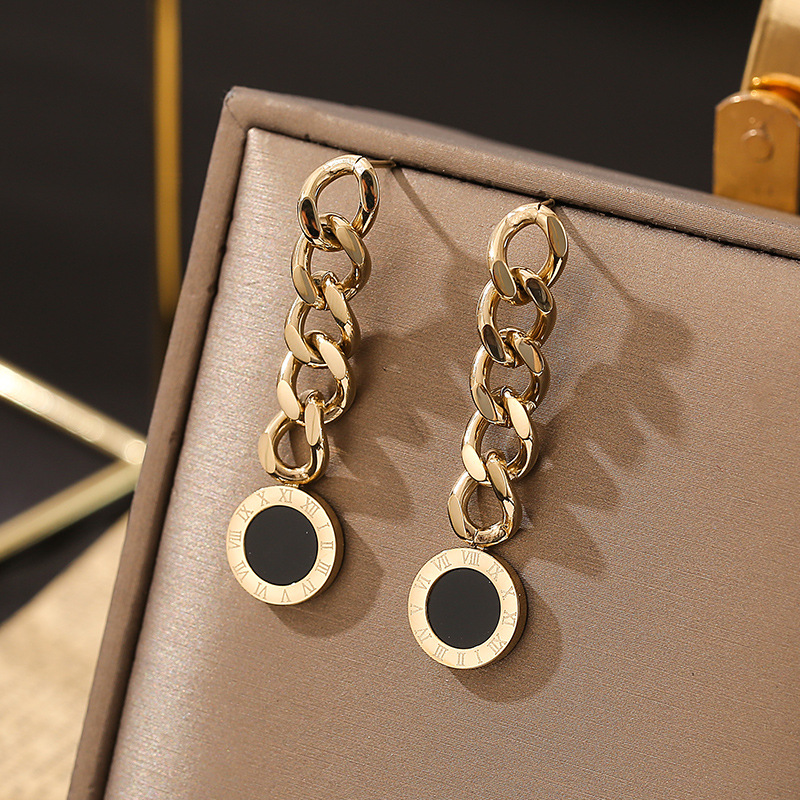 New Titanium Steel 14K Gold Geometric Tassel Thick Chain Earrings