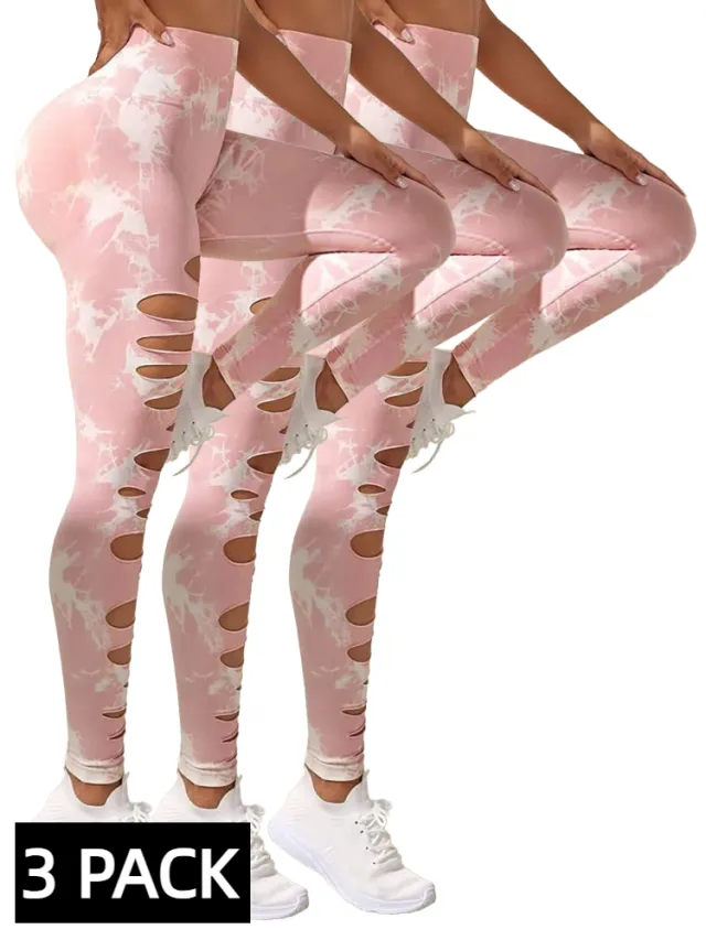 3 PACK Butt Lifting Yoga Gym Athletic Pants, Hollow Out Tummy Control Sports Leggings Tie Dye Running Pants 3Pnk - Shop at LoveMi