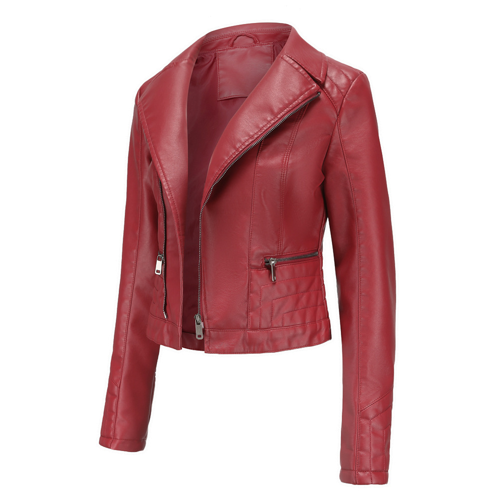Womens Fashion Lapel Spring And Autumn Washed PU Leather Jacket Wine Red - Shop at LoveMi