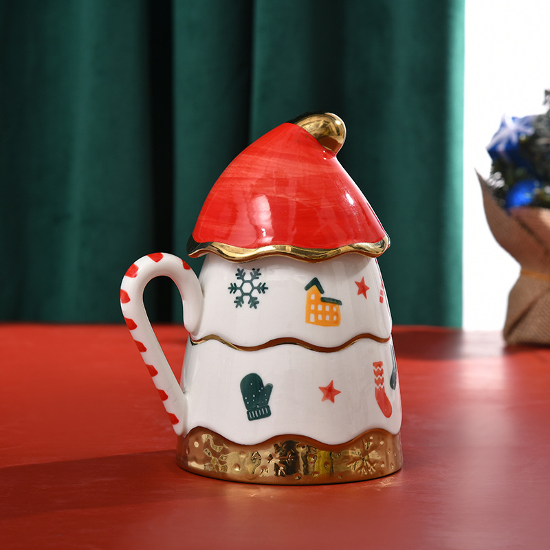 Cartoon Christmas Tree Korean Cute Ceramic Milk Mug With Lid