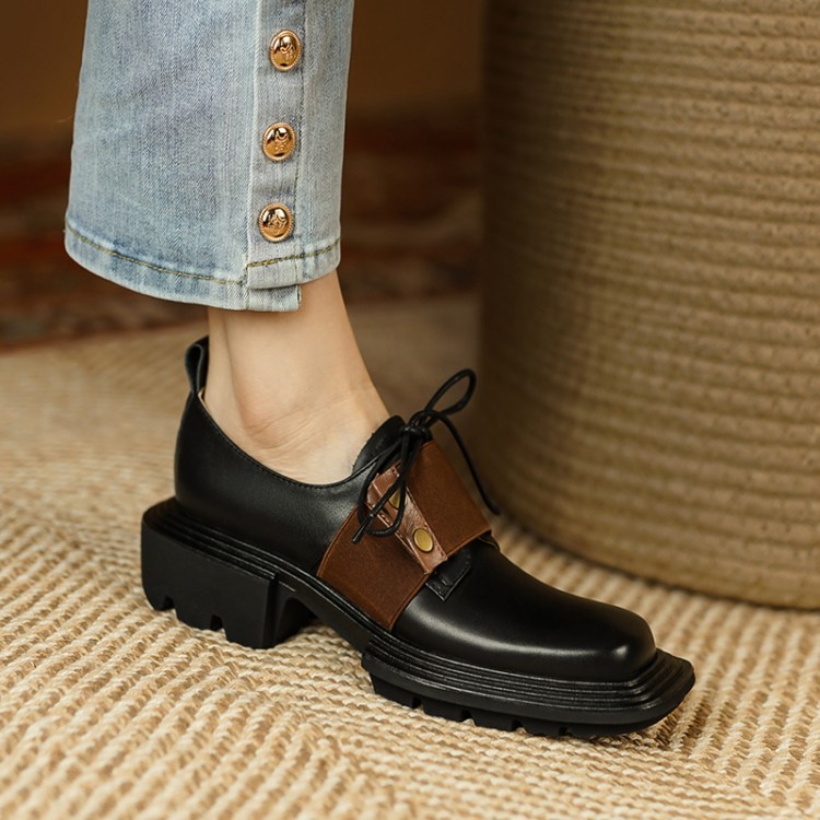 Retro Style Thick Bottom Contrast Color Deep Mouth Small Leather Shoes
