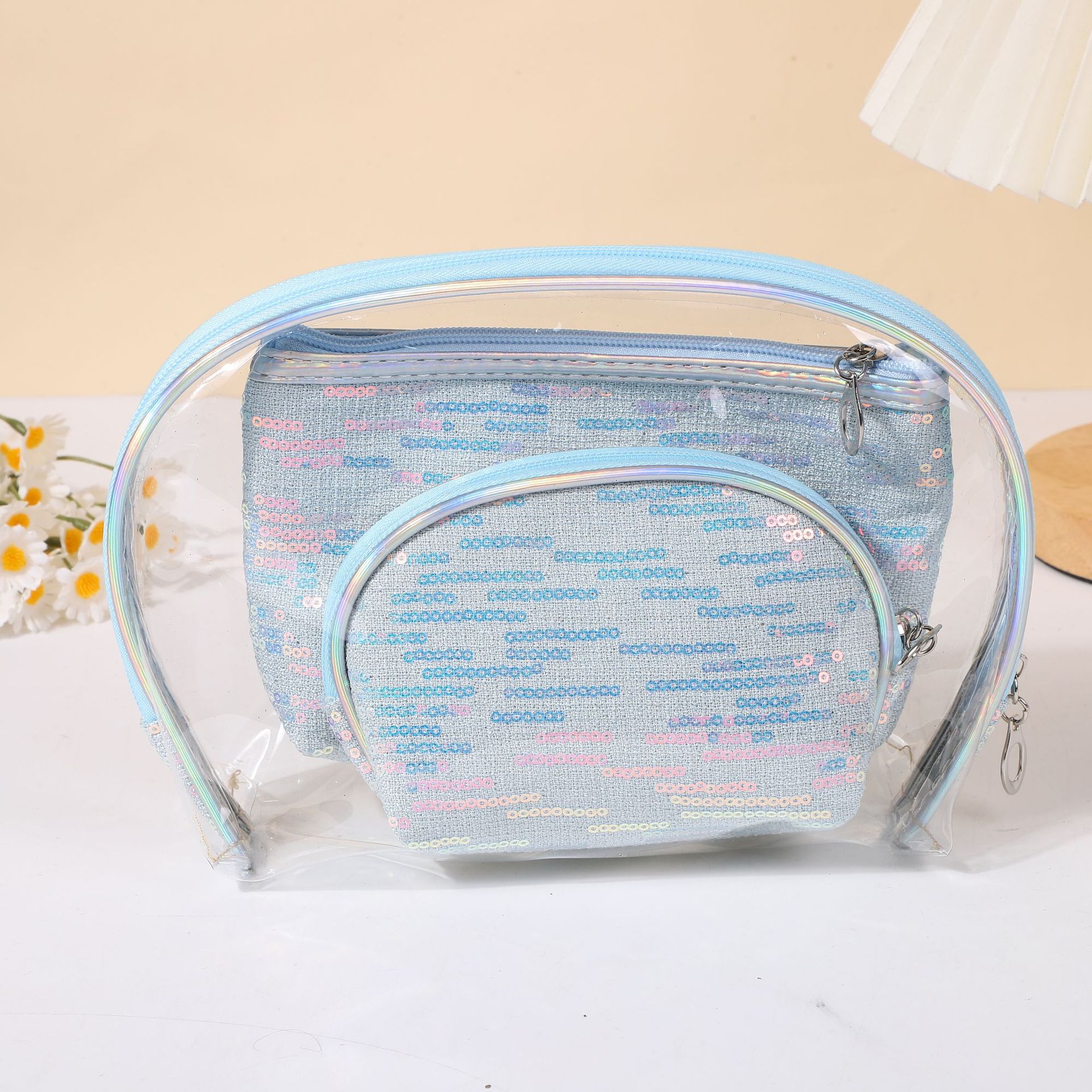 Makeup Bag, Hand-held Bag, Three Piece Set, Transparent PVC, Large Capacity, Waterproof, Portable, Travel Grooming Bag, Glitter