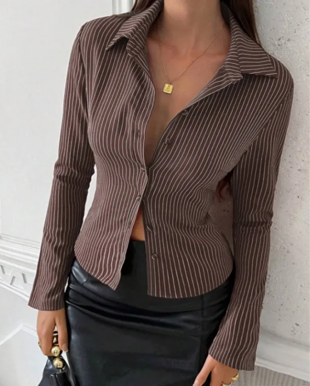 Women's Striped Button Down Long Sleeve Casual Shirt Brown - Shop at LoveMi