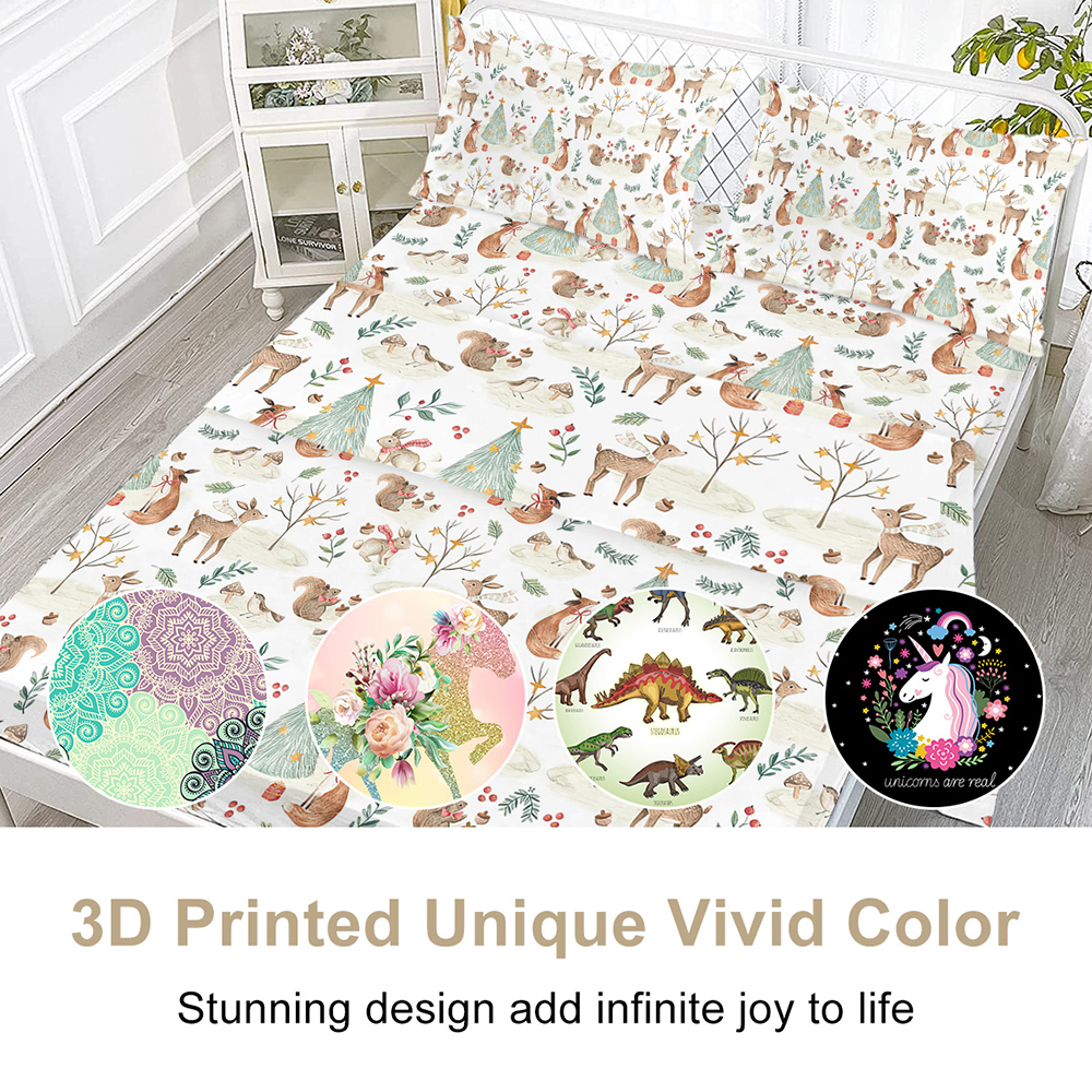 Sheet Set Kids - Cute Deer Fox 4 Pieces Soft Microfiber Cartoon Style Bedsheets For Boys Girls Teens, Breathable Deep Pocket Sheets Forest Animals