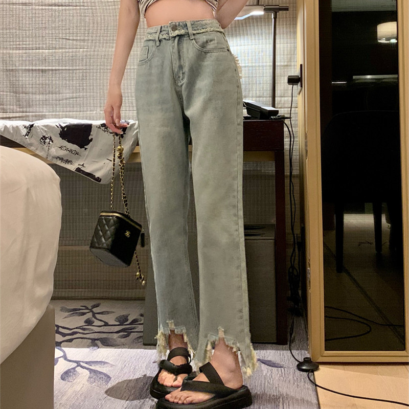 Women's Ripped Raw Fringed Straight Leg Jeans Light Blue - Shop at LoveMi