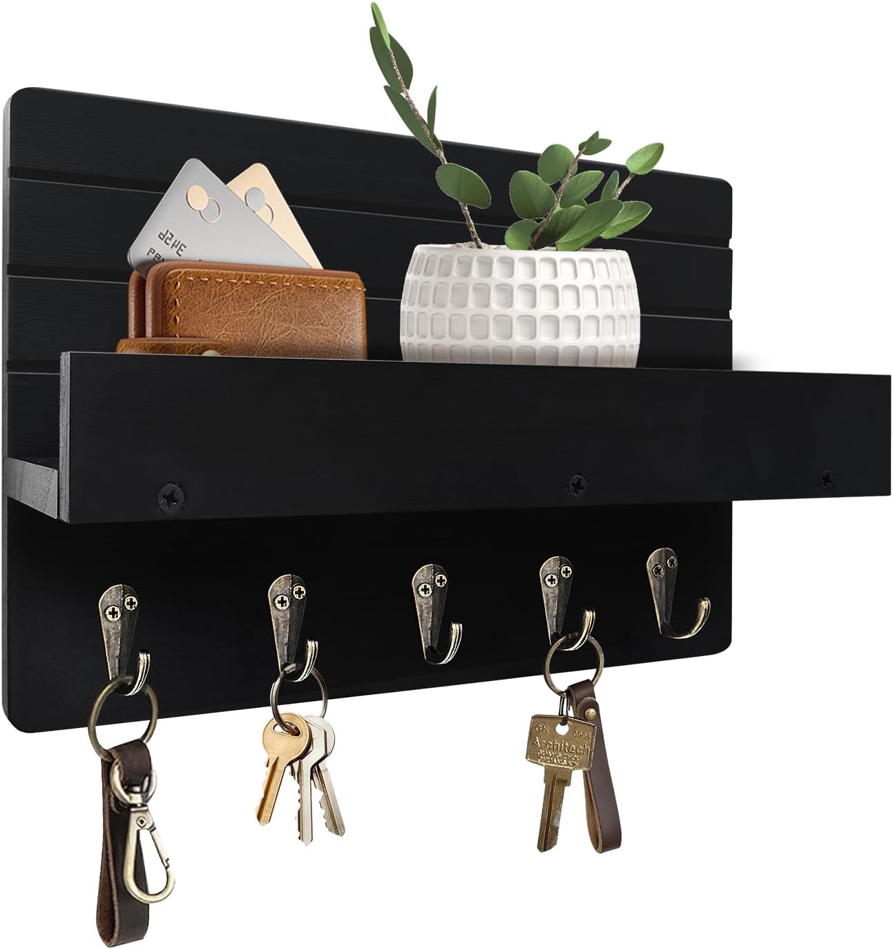 Wall Mount Key Holder With Shelf, 5 Sturdy Hooks And Mail Organizer For Keys, Dog Leashes, Glasses And Entryway