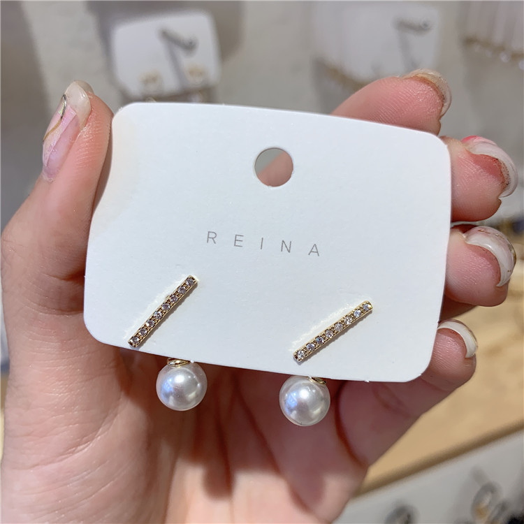 Simple Diamond-studded Long And Short Stick Pearl Earrings