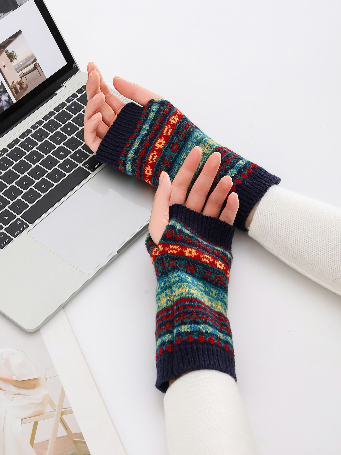 Boho Short Knit Fingerless Thermal Gloves Arm Warmer — image 1