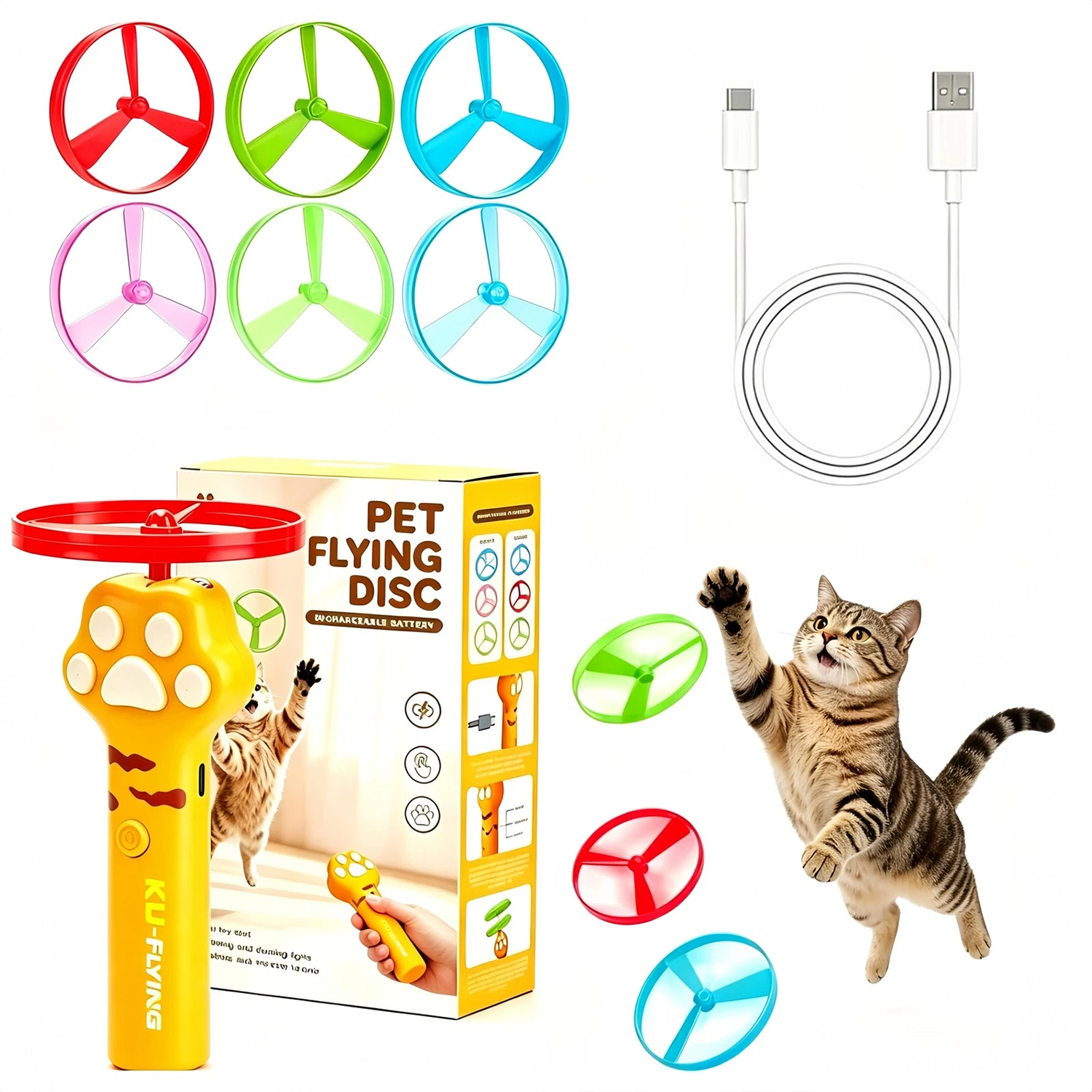 Cat Disc Launcher, Rechargeable Interactive Cat Fetch Launcher With 10 Flying Pet Chase Toys