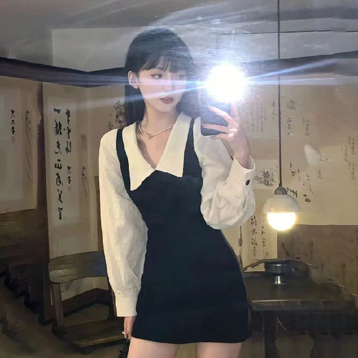 Black And White Stitching Fake Two Pieces Shirts Long Sleeve Dress