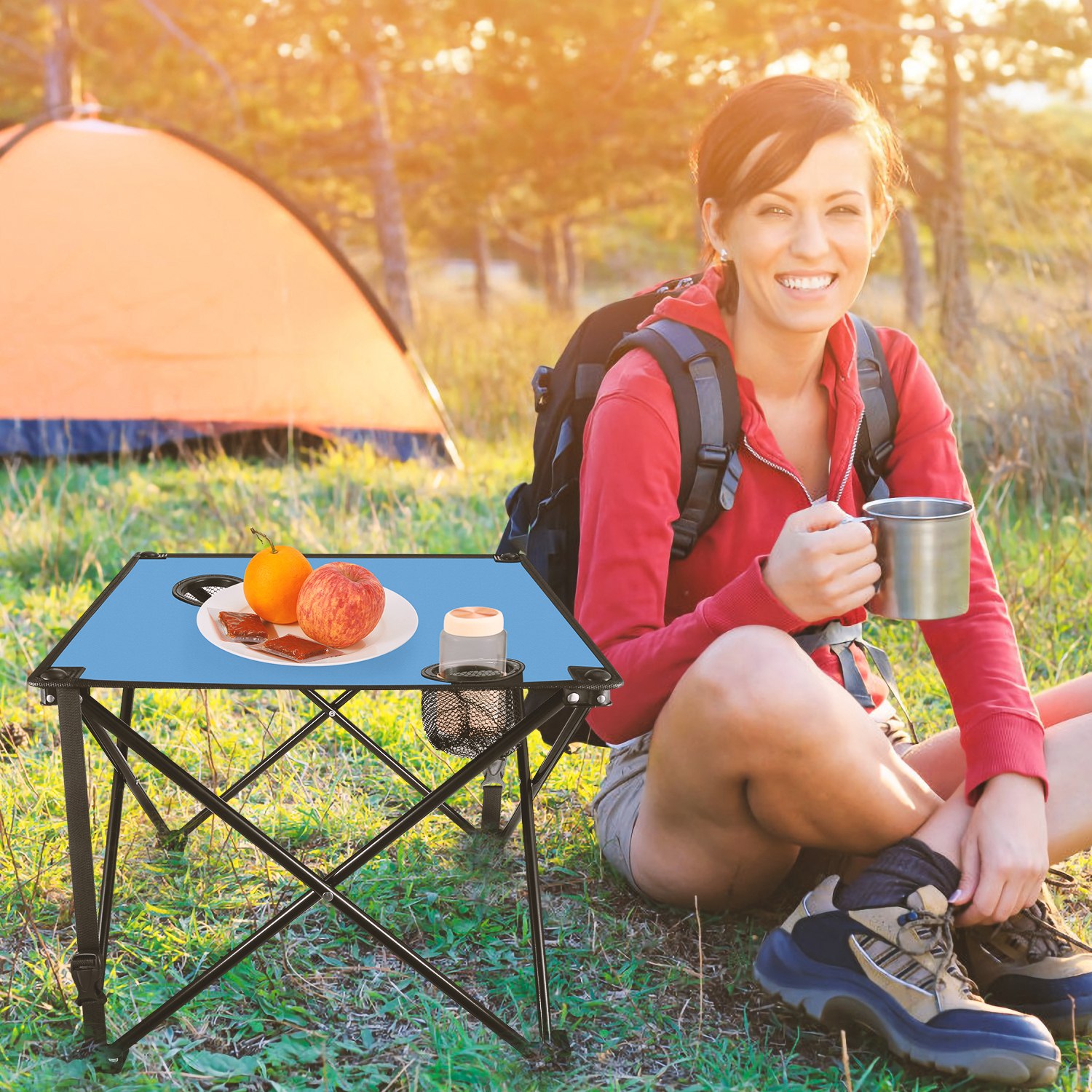 1Pc 2Pc Options Foldable Camping Table Portable Picnic Table Lightweight Travel Desk With 2 Cup Holders Carrying Bag Color Options Black Orange Green Red Blue Navy Blue image 42