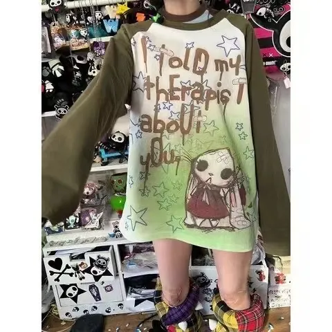 Autumn Winter Y2K Subculture Tshirt Long Sleeve Tops Green - Shop at LoveMi