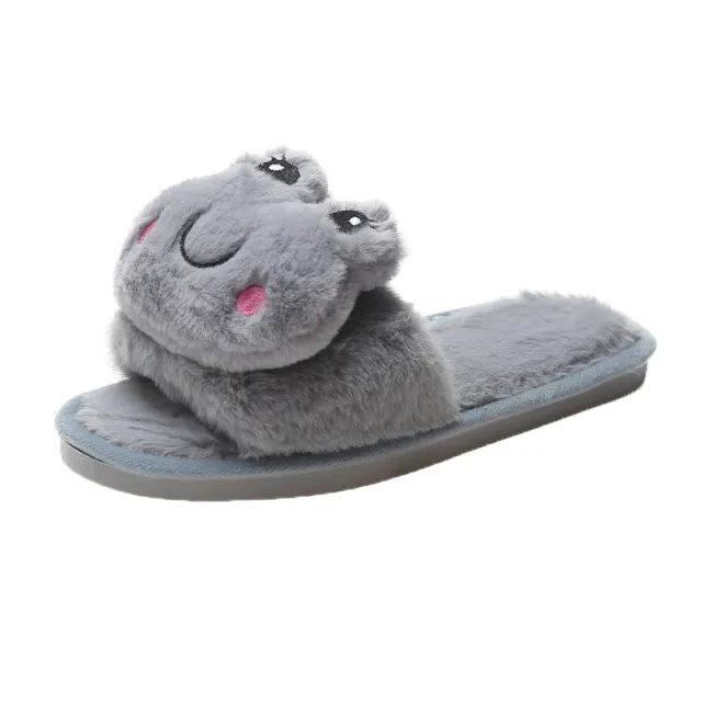 Female Cartoon Flat bottomed Warm Wool Slippers Grey - Shop at LoveMi