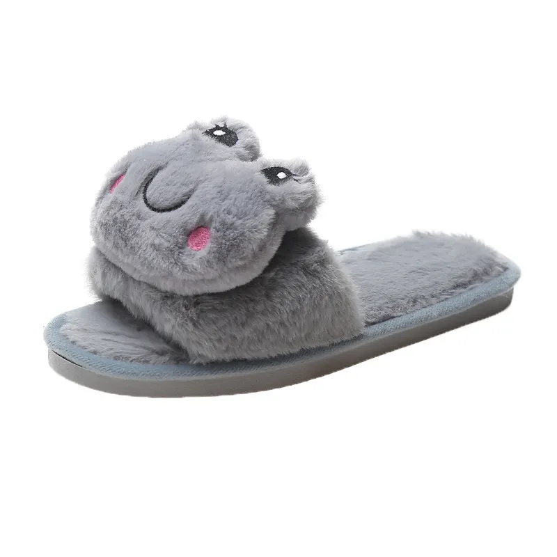 Female Cartoon Flat-bottomed Warm Wool Slippers - Grey