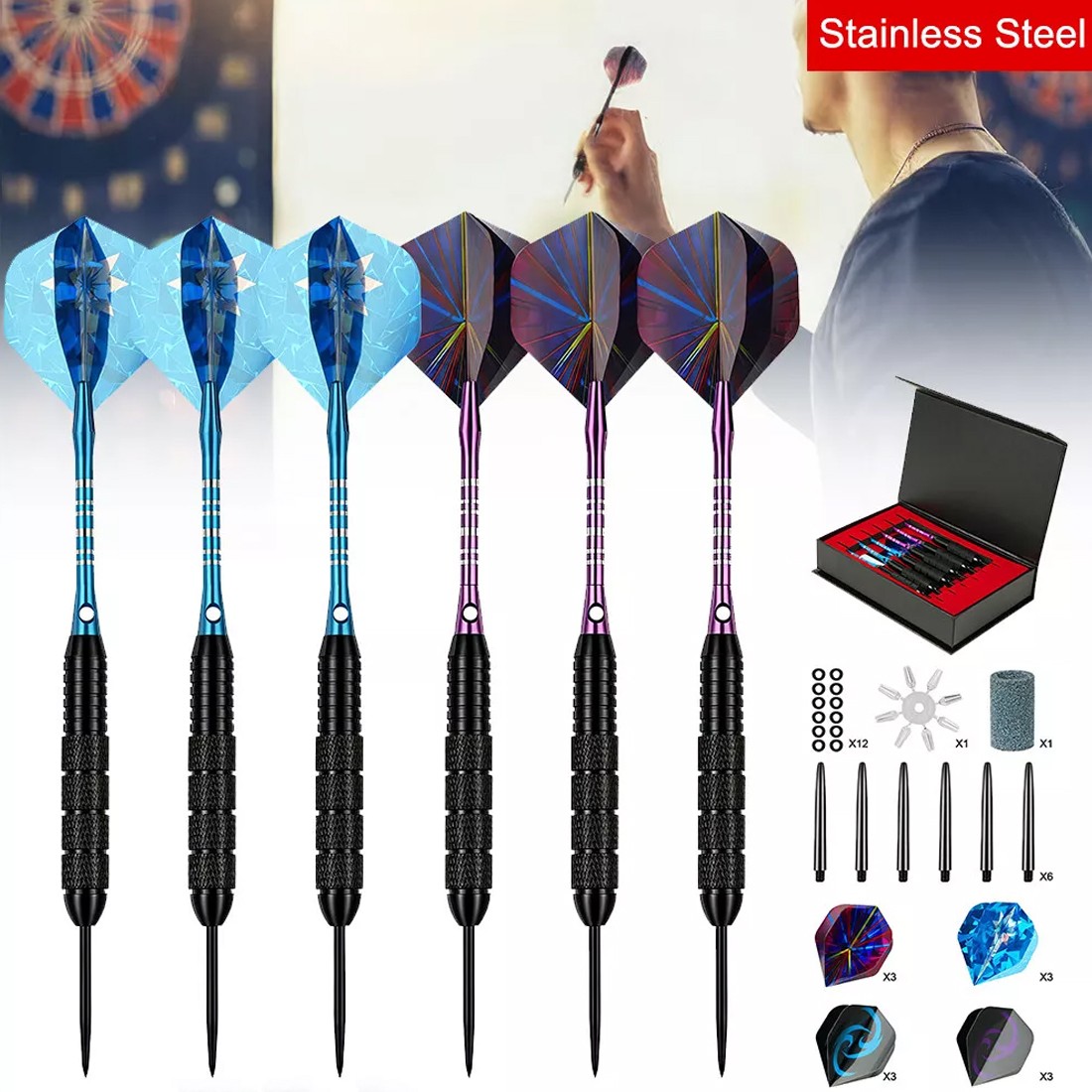 6Pack Professional Tungsten Darts Tip Set Steel Shaft 12 Flights With Case UK