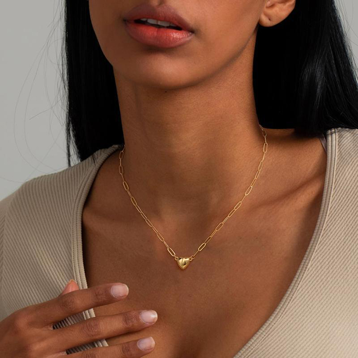 Magnetic Heart Matching Necklace For Couples, 18K Gold Rose Gold Plated Stainless Steel Paperclip Chain, Relationship Friendship Gift