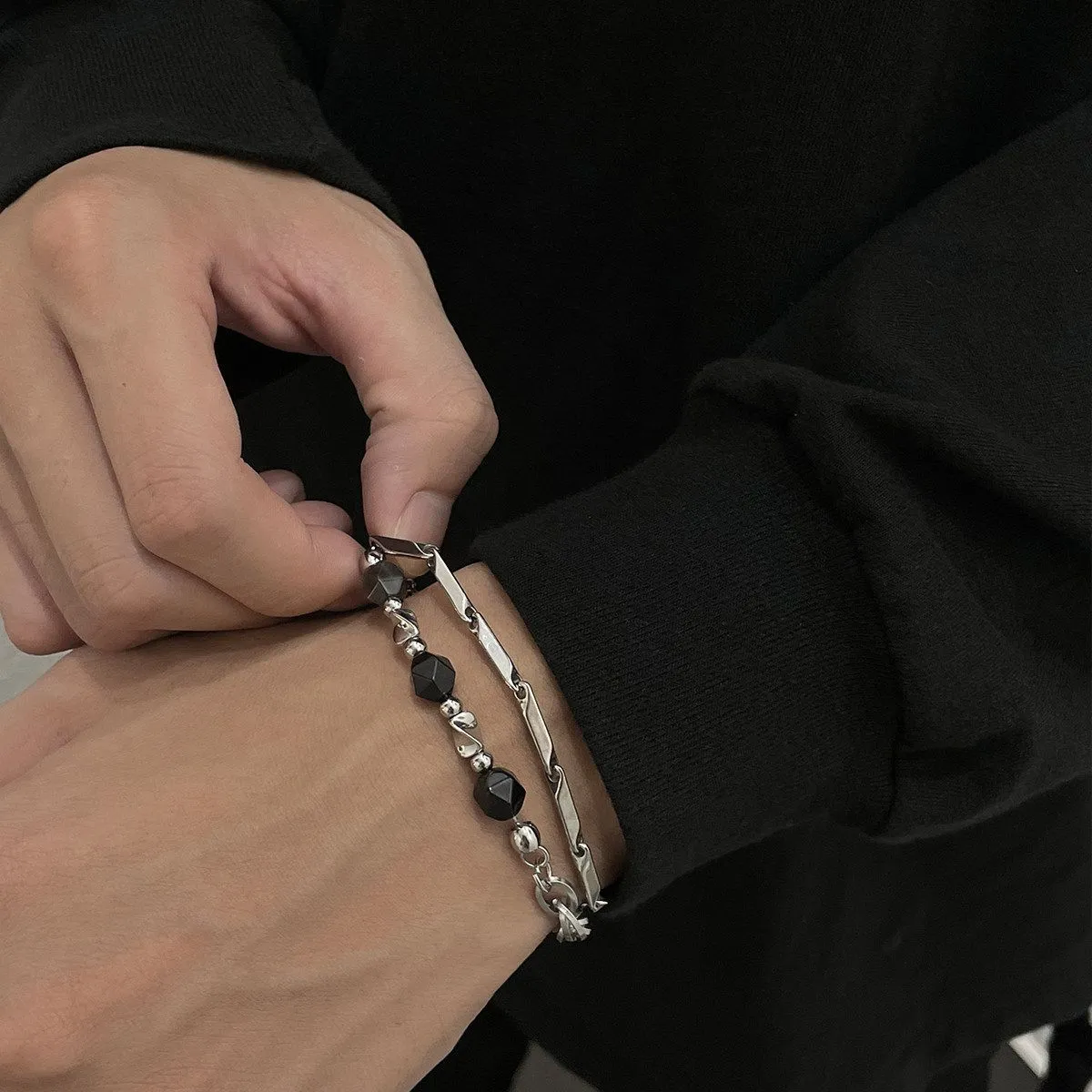 1pcs Double Layer Black Faceted Bead Spliced Titanium Steel Bracelet, Minimalist Dark Street Style, For Men Women Daily Wear & Couple Valentine Gifts
