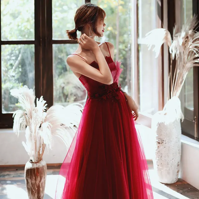 Can Wear Engagement Suspender Evening Dress For Women Burgundy Midwaist Midlength - Shop at LoveMi