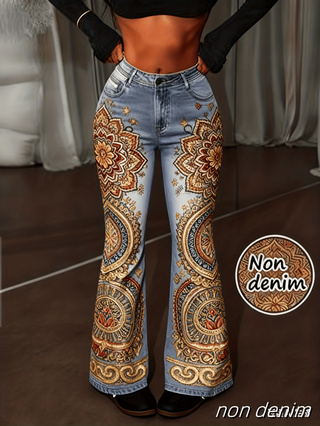 Pantalon évasé femme rétro imprimé, taille haute à bouton unique – Color1, XXL