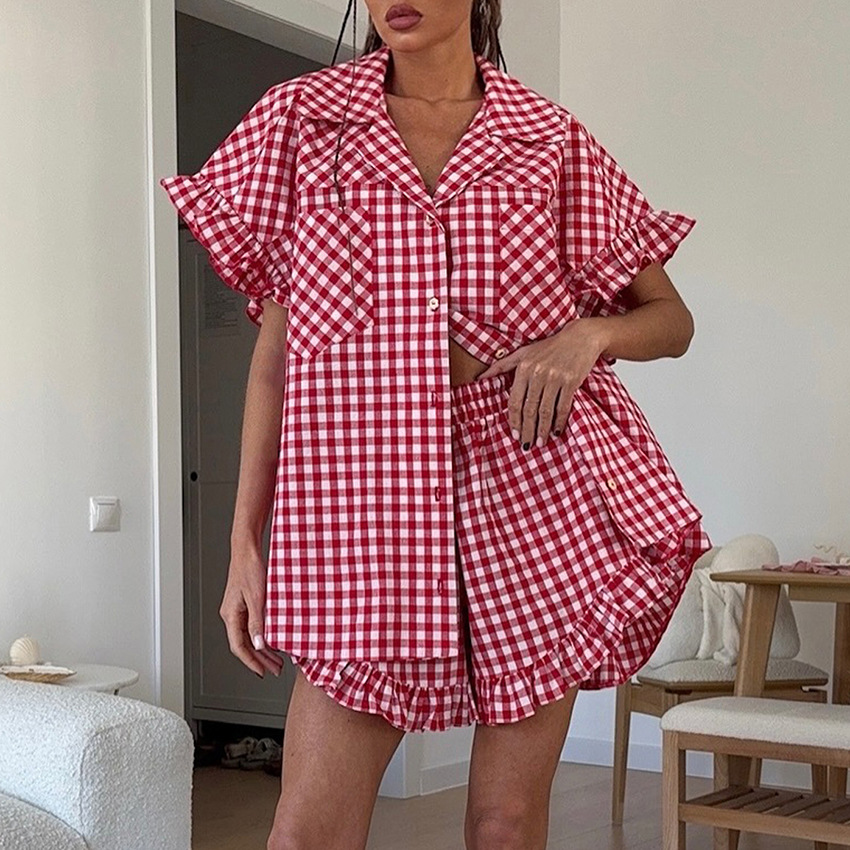 Ruffled Plaid Shirt And High-waisted Shorts Set