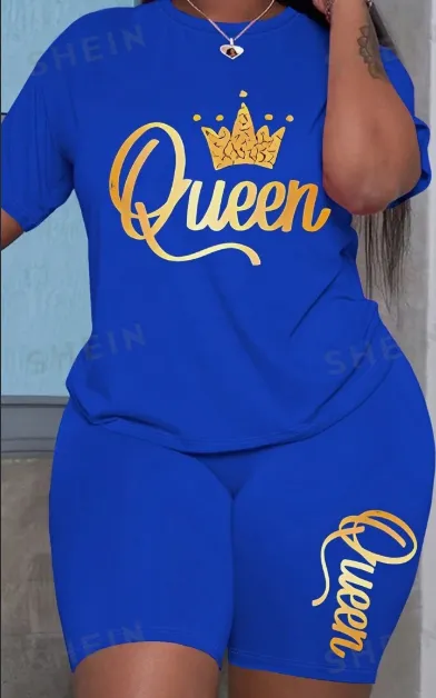 Crown & Letter Printed Short Sleeve T Shirt And Shorts Casual Two Piece Set For Summer Blue - Shop at LoveMi