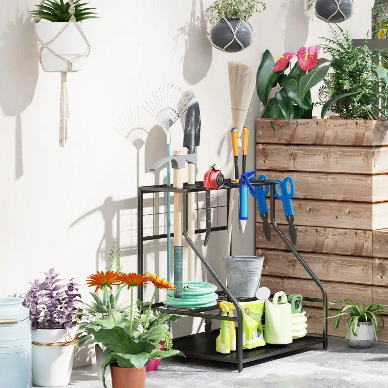 Outsunny 3-Tier Yard Tool Storage Rack, Garden Tool Organizer With Hooks For Long-Handled, Broom, Shovel, Blue