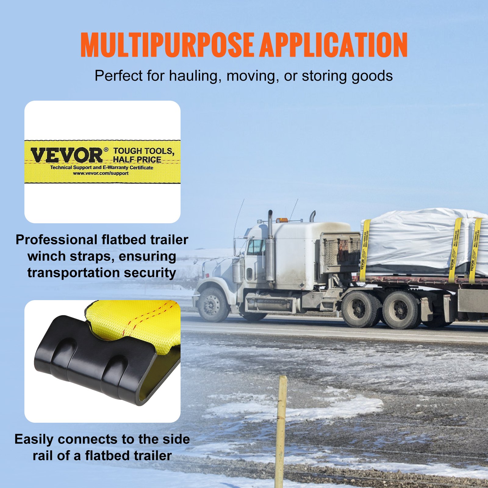 Vevor winch strap flat hook close-up sliding into standard winch bar stake pocket on flatbed trailer