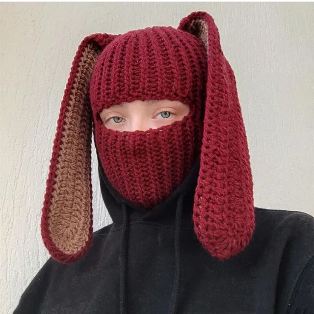 Cartoon Knitted Warm Ear Protection Woolen Hat Violent Rabbit Maroon - Shop at LoveMi