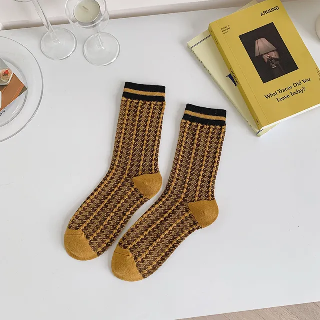 One piece Mechanism Boneless Stitching Vintage Mori System Gold Color System Text Mid thigh Women's Socks Curry Yellow Bird Check - Shop at LoveMi