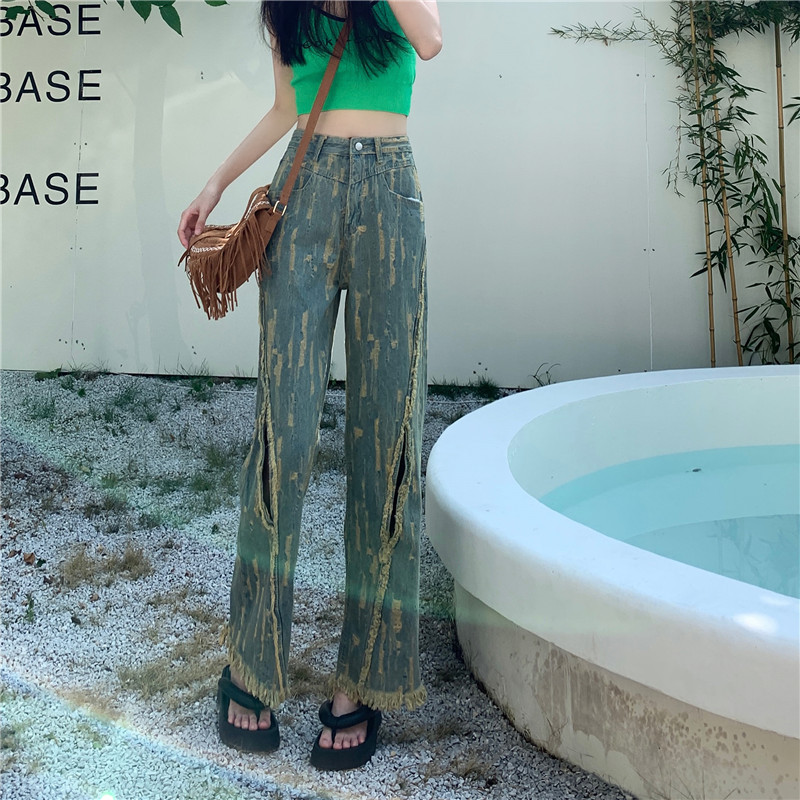 Temperament Made Old Ripped Raw Hem Jeans Embroidered Blue - Shop at LoveMi