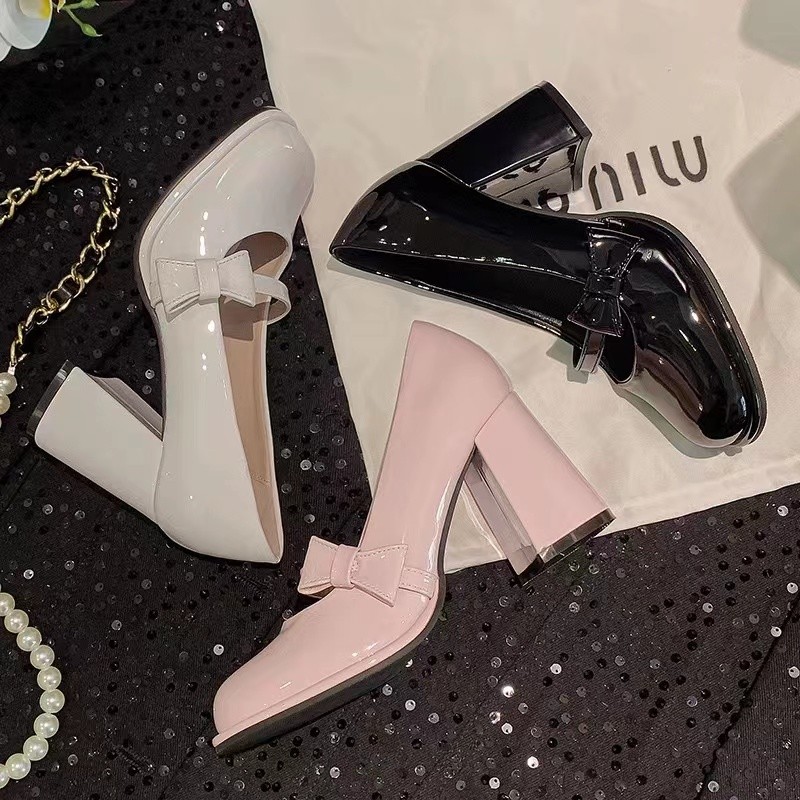 High Heels Women's 2025 New Springsummer Shallow Mouth Thick Heel High-end Sense Versatile Retro Mary Jane Bow Women's Shoes