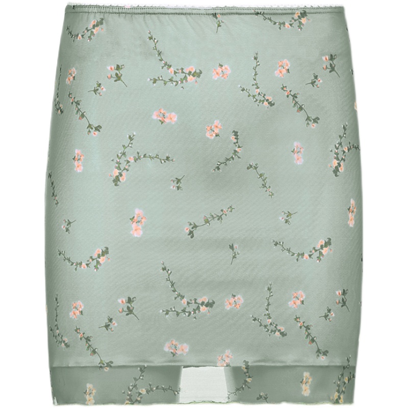 Green Tulle Double Floral High Waist Skirt Slim Hips