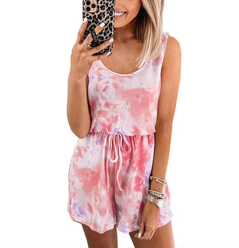 Tie Dyed Casual Tank Top One Piece Shorts - Red