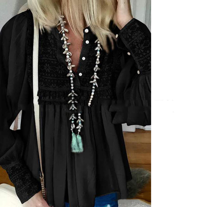 Casual Solid Color Round Neck Long-Sleeved Lace Stitching Top Women's Lace Shirt
