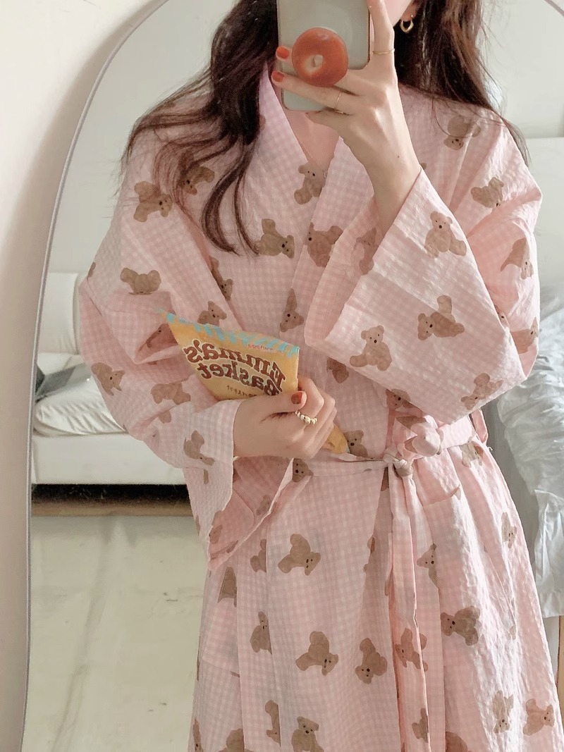 Sweetheart Checked Pajama Robe Spring Autumn New Style, Loose Fitting, Comfortable Mid Length Loungewear For Home